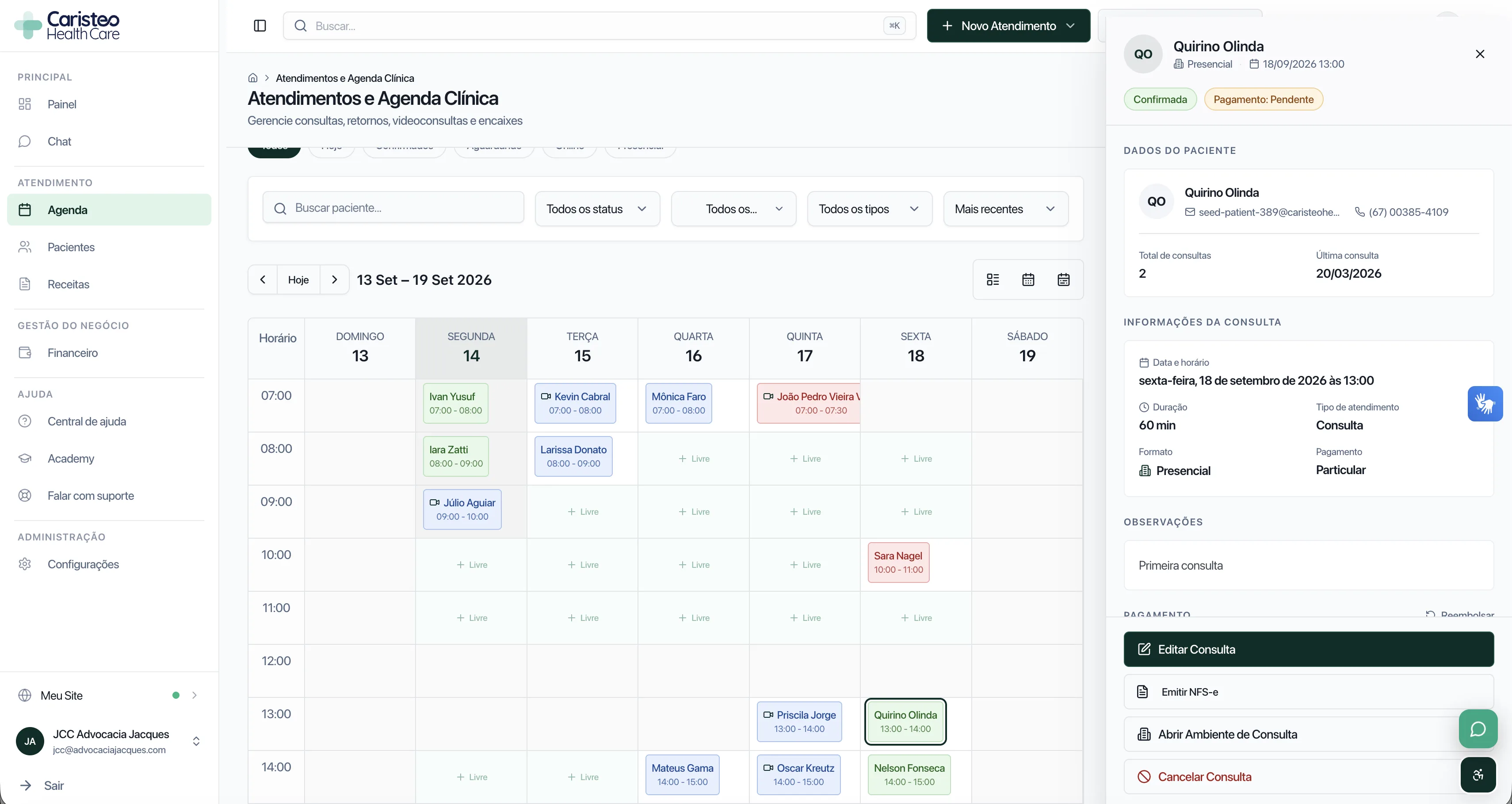 Agenda demonstrativa com detalhes de atendimento no Caristeo Healthcare.