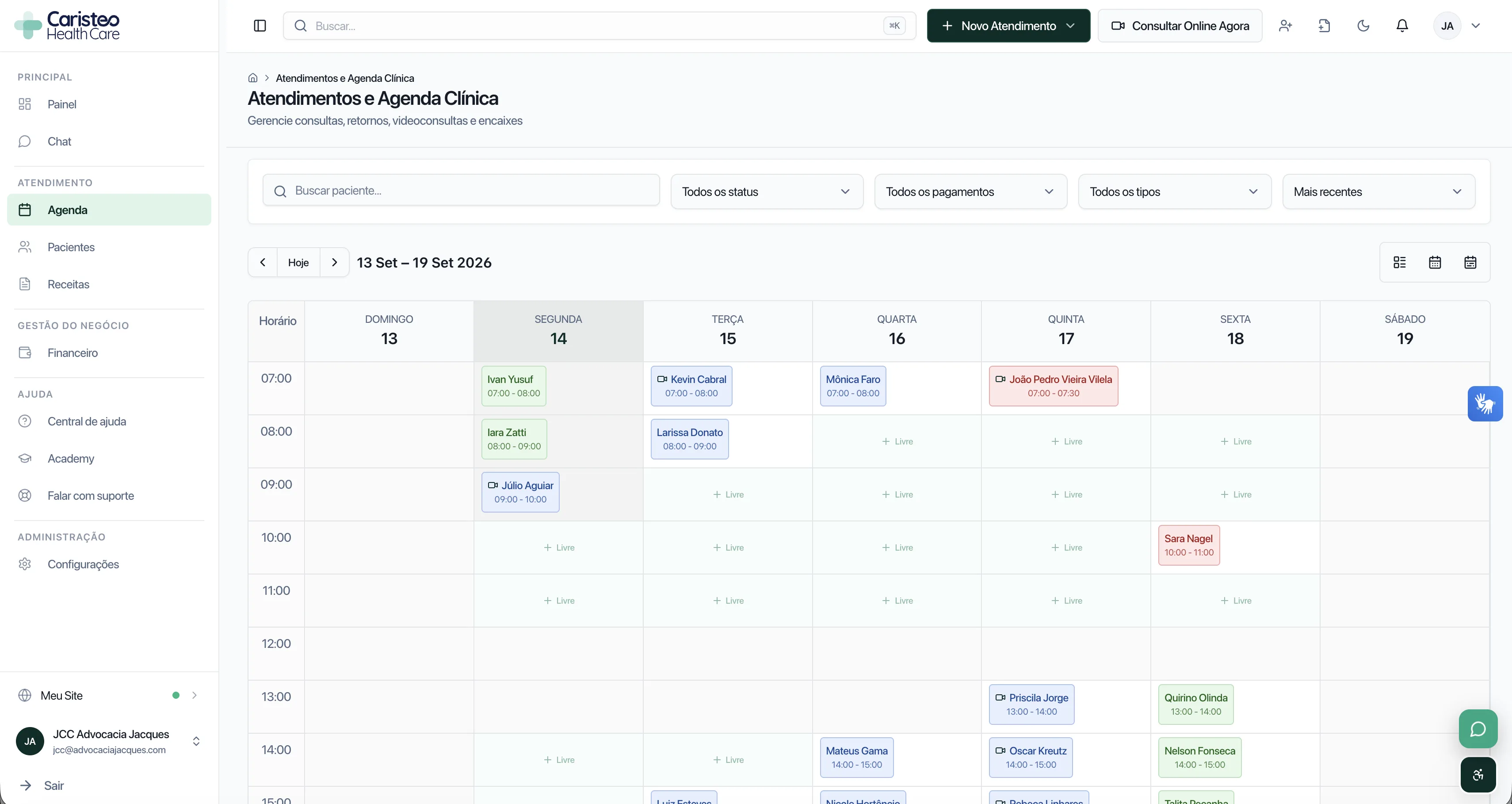 Agenda semanal demonstrativa da plataforma.