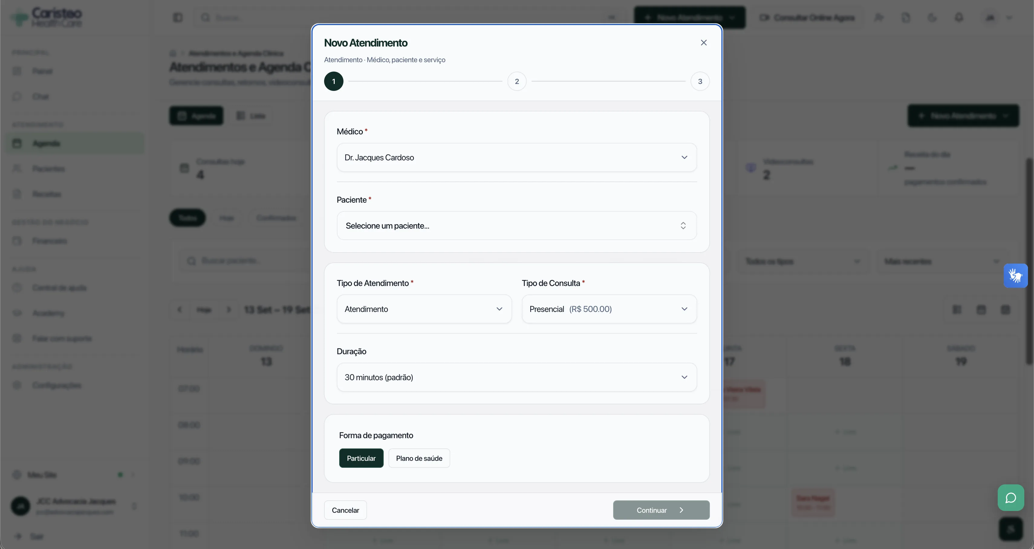 Modal demonstrativo de novo agendamento no Caristeo Healthcare.